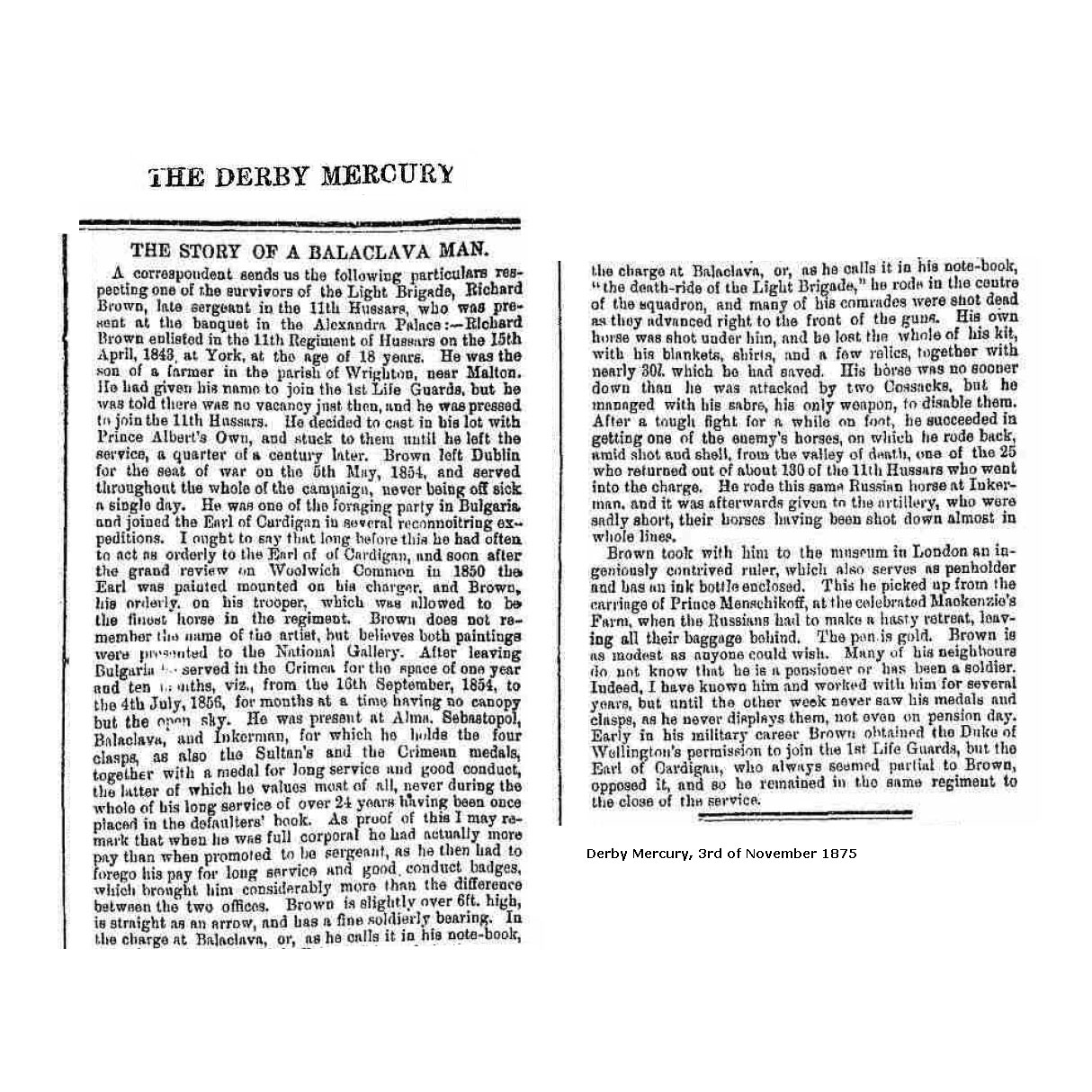 Robert Brown, the Story of a Balaclava Man, Derby Mercury, 1875. Click to enlarge. 