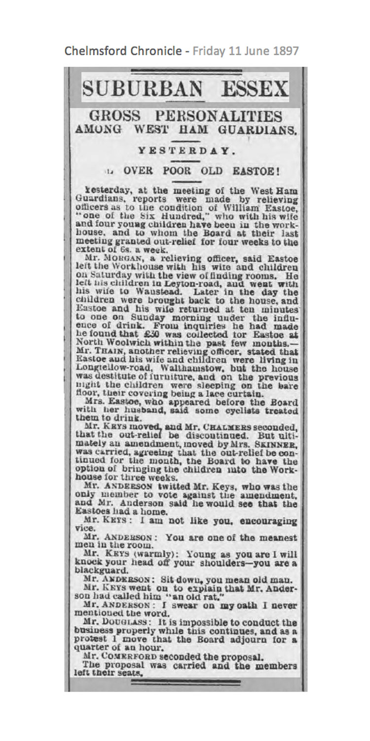 Dispute among the West Ham Board of Guardians over Nehemiah Eastoe, reported in detail in the <i>Chelmsford Chronicle</i>, 11 June 1897. Click to enlarge.