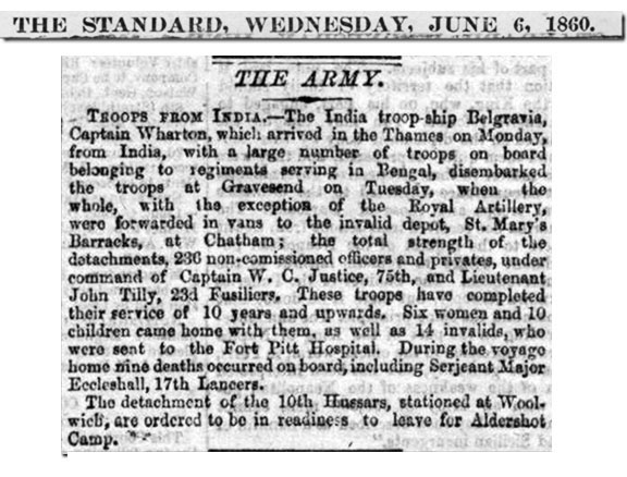 News of John Eccleshaw/Eccleshall's death on voyage back from India, 1860. 