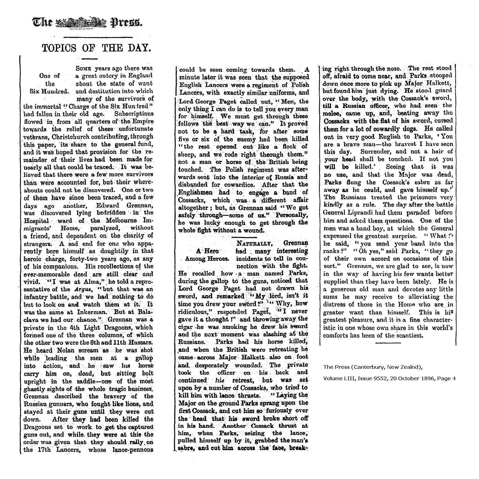 Article published in New Zealand, 1896, about Grennan in Melbourne, Australia. Click to enlarge.