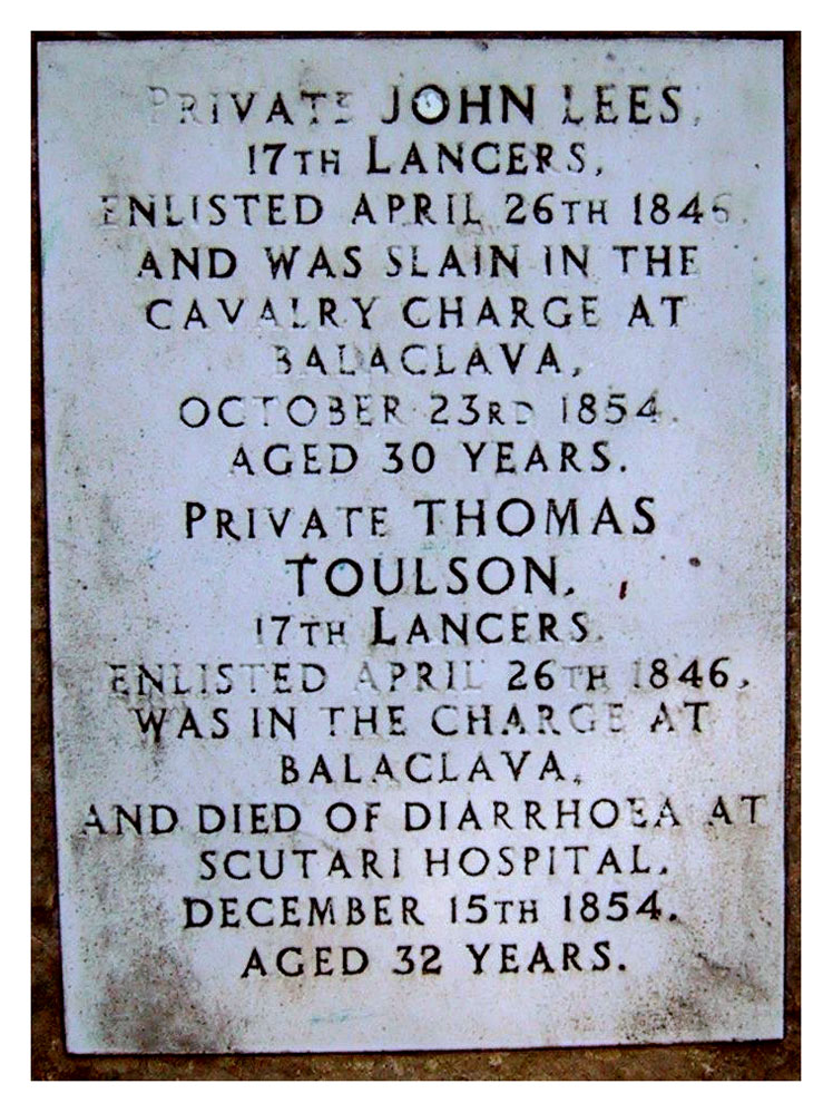 John Lees and Thomas Toulson/Towson, 17th Lancers. Crimea memorial, St John the Baptist Church, Church St, Beeston.. Click to enlarge.