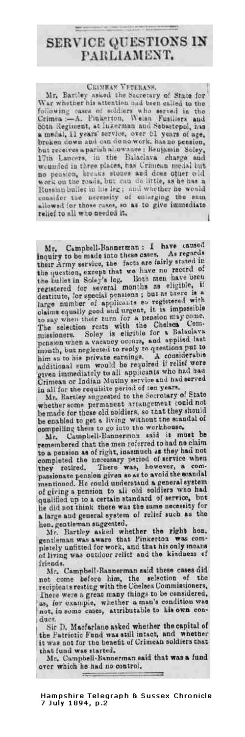  Benjamin Soley, 17th Lancers, Parliamentary Question 1894.  Click to enlarge.