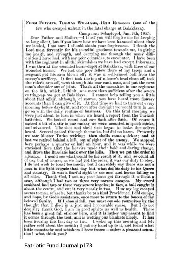 Thomas Williams 11th Hussars Letter home 1855 . Click to enlarge.