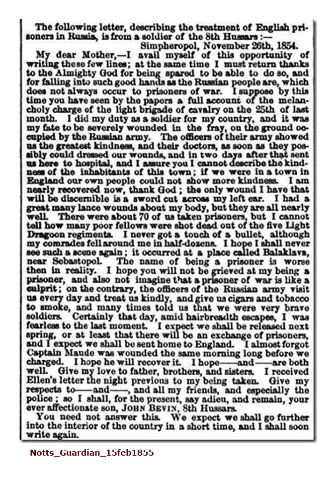  John Bevin in Russian captivity. Letter to the Times, 1855.Click to enlarge.