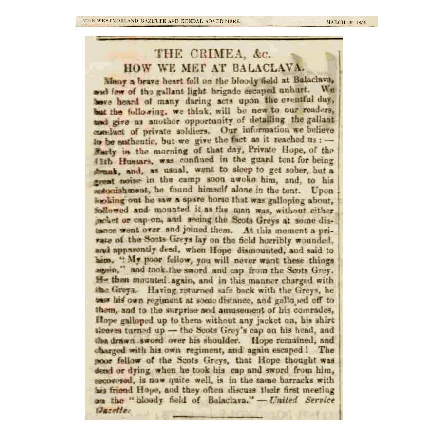 Henry Hope charges with both the Heavy Brigade and the Light Brigade, as reported in the<i>Westmorland Gazette</i>, 29 March 1856. Click to enlarge.