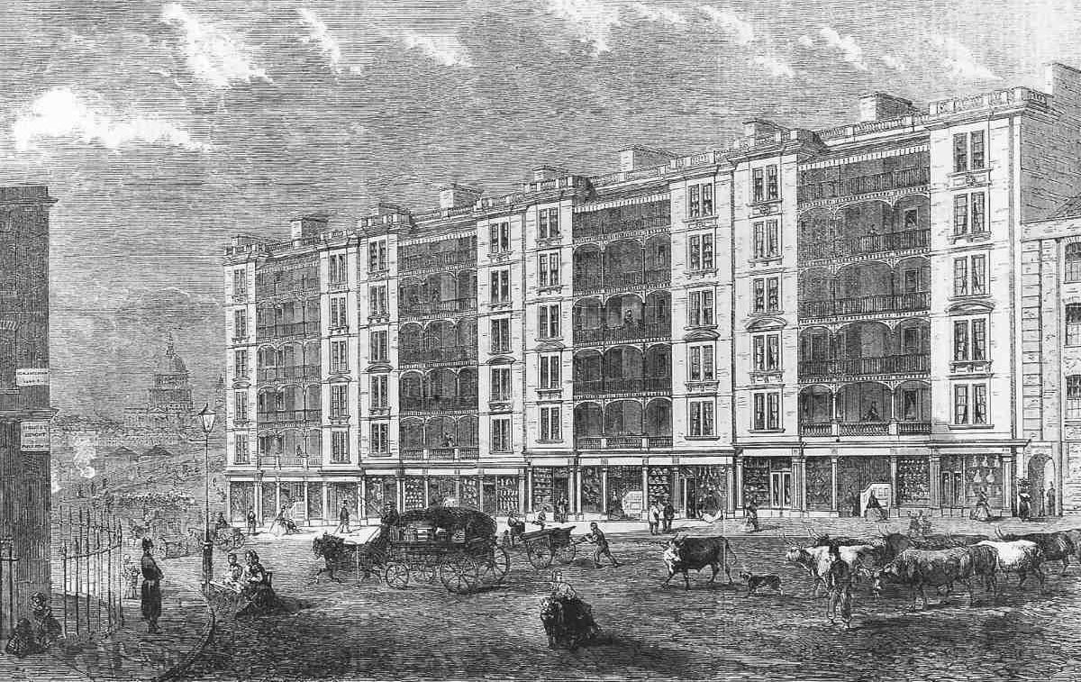 Engraving of Corporation Buildings, Farringdon Road, Clerkenwell, 1865