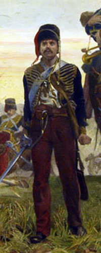 Detail of painting showing figure modelled by William Pennington in After the Charge (Balaclava), by Elizabeth Thompson, 1876