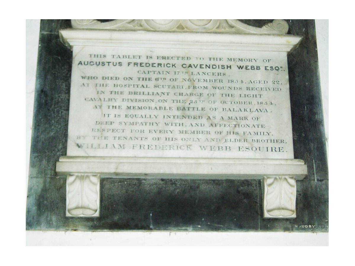 Memorial tablet to Augustus Webb in St. Mary's Church, South Cowton, near Northallerton, in the North Riding of Yorkshire. (Photo: Gravestone Photographic Resource, Grave 81955, http://www.gravestonephotos.com. Click to enlarge.