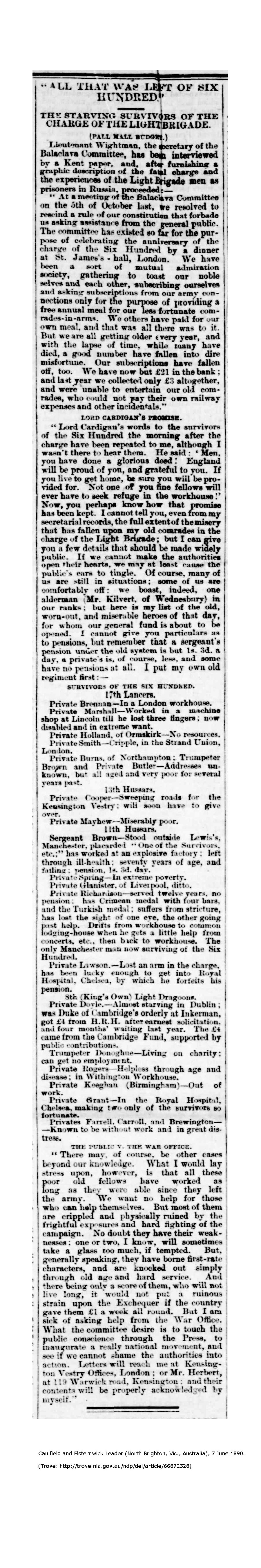 Wightman's article on the starving survivors of the Light Brigade, originally published in the Pall Mall Budget. Click to enlarge.
