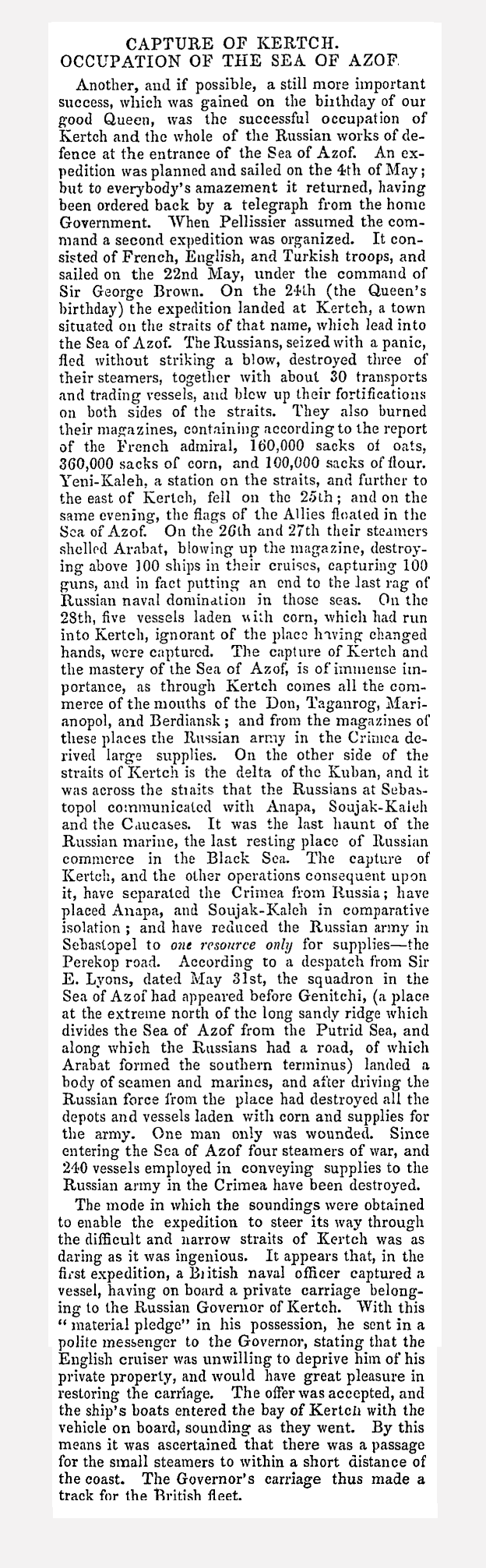 Newspaper article: The Capture of Keertch and occupation of the Sea of Azof, 1855
