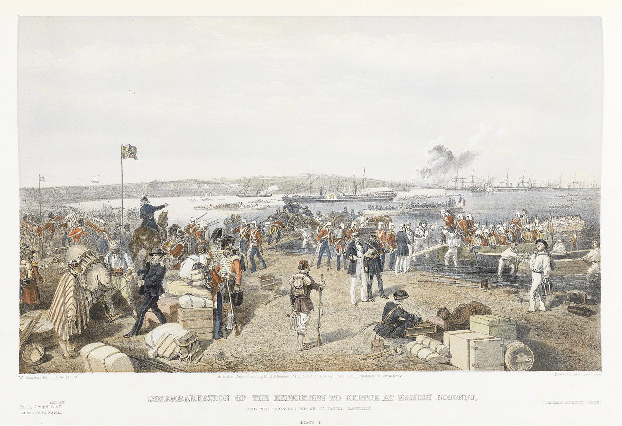 Painting by Simpson: Disembarkation of the expedition to Kertch 1855